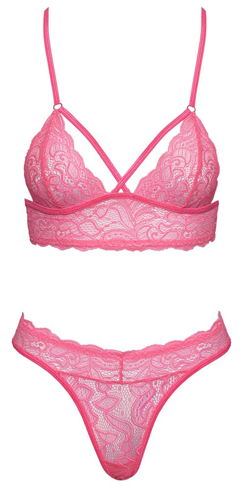 Neonpinkfarbenes Dessous-Set aus Spitze mit Neckholder-BH und String von Fantasy by Cottelli – Ansicht 4
