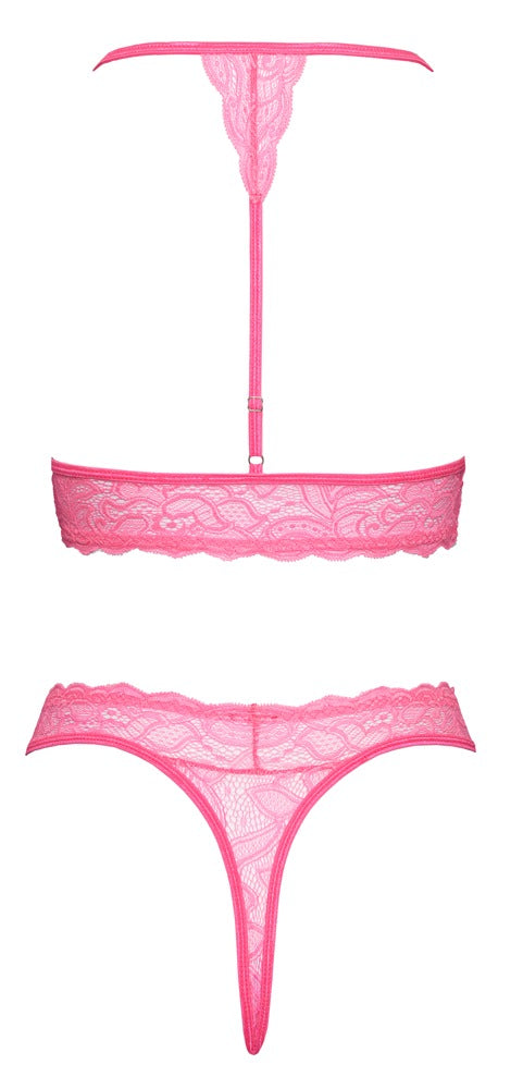 Neonpinkfarbenes Dessous-Set aus Spitze mit Neckholder-BH und String von Fantasy by Cottelli – Ansicht 5