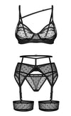 Schwarzes 3-teiliges Set Nuites mit BH, Strapsgürtel und String von Obsessive – Ansicht 5