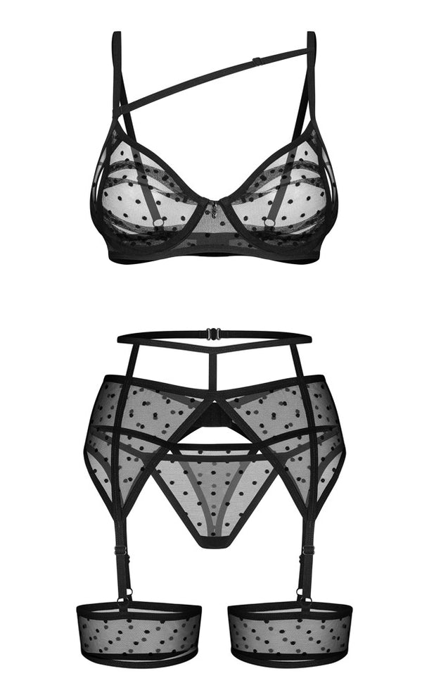 Schwarzes 3-teiliges Set Nuites mit BH, Strapsgürtel und String von Obsessive – Ansicht 5