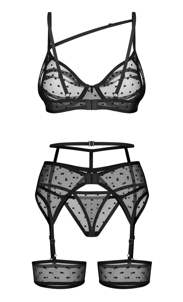 Schwarzes 3-teiliges Set Nuites mit BH, Strapsgürtel und String von Obsessive – Ansicht 6