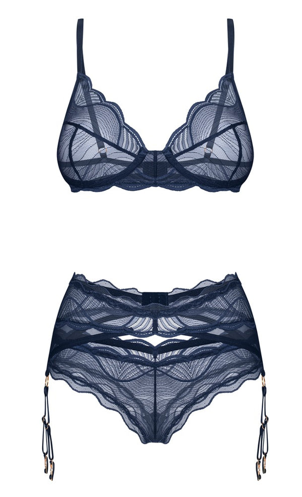 Transparentes Straps-Set Nightly Blue mit Bügel-BH, Strapsgürtel und String von Obsessive – Ansicht 4