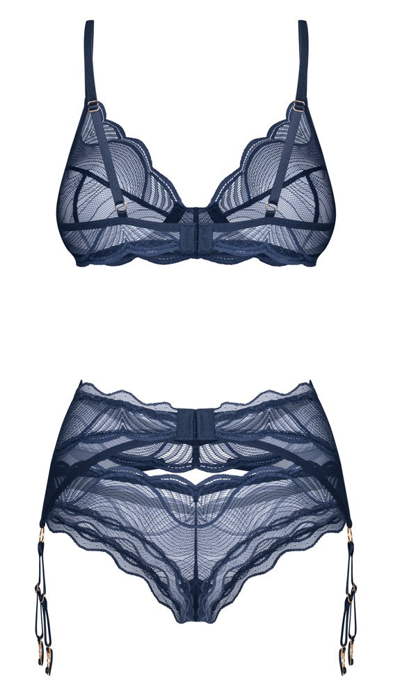 Transparentes Straps-Set Nightly Blue mit Bügel-BH, Strapsgürtel und String von Obsessive – Ansicht 5