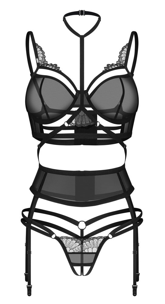 Schwarzes Set Premisis mit Bügel-BH, Strapsgürtel und Ouvert-String von Obsessive – Ansicht 2