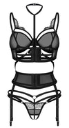 Schwarzes Set Premisis mit Bügel-BH, Strapsgürtel und Ouvert-String von Obsessive – Ansicht 3