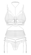Weißes Set Premisis mit Bügel-BH, Strapsgürtel und Ouvert-String von Obsessive – Ansicht 4