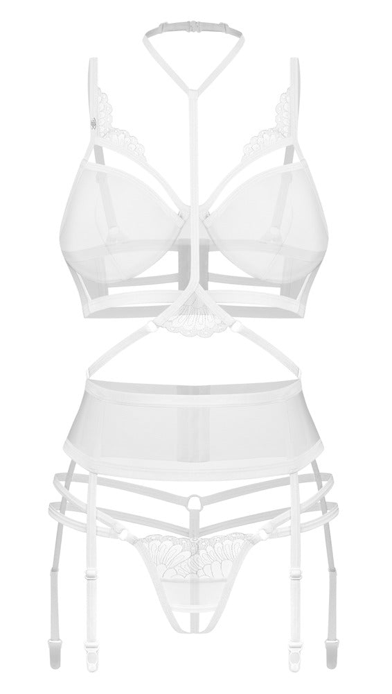 Weißes Set Premisis mit Bügel-BH, Strapsgürtel und Ouvert-String von Obsessive – Ansicht 4