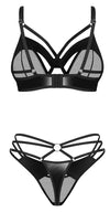 Schwarzes Set Dominna mit Bügel-BH und Riostring im Netz-Wetlook-Mix von Obsessive – Ansicht 4
