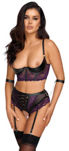 Lila-schwarzes Set aus Longline-Hebe und Straps-Slip mit Handfesseln im Burlesque-Style von Cottelli BONDAGE – Ansicht 3