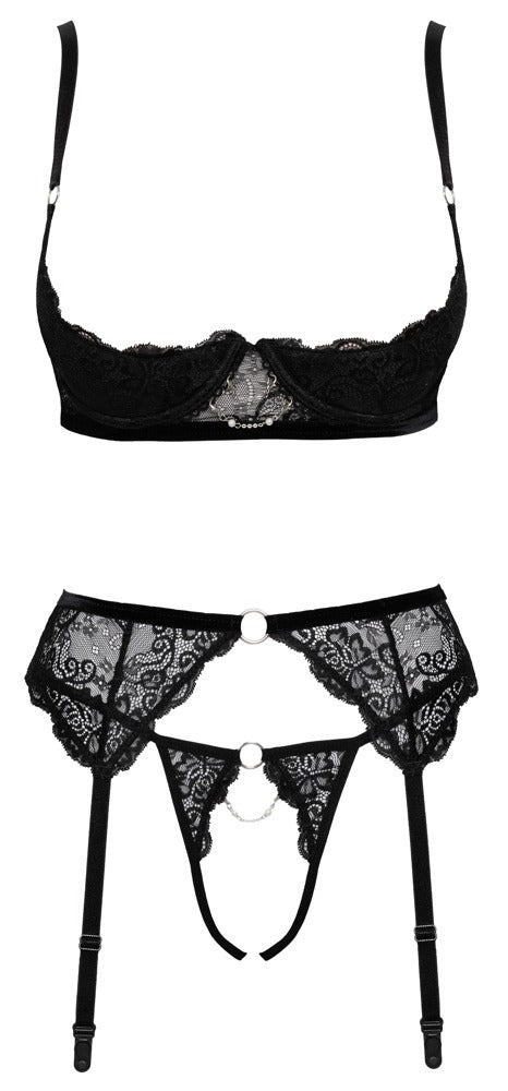 Schwarzes Hebe-Set aus Stretch-Spitze mit Ringen, Samt und Kettchen (Ouvert) von Cottelli – Ansicht 6