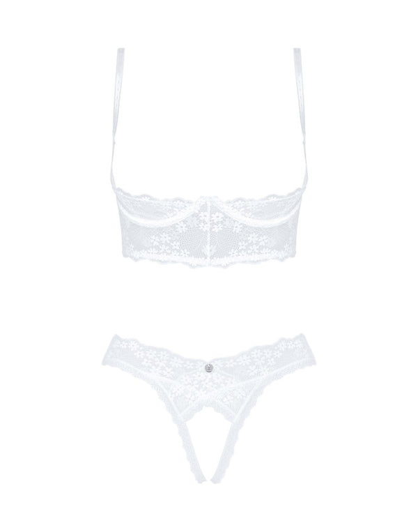 Weißes Ouvert-Set Heavenlly aus Blütenspitze mit Hebe-BH und String von Obsessive – Ansicht 3