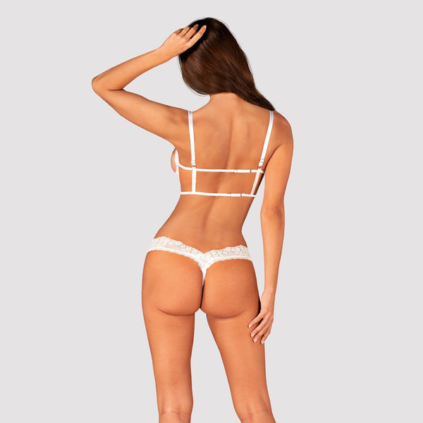 Weißes Ouvert-Set Heavenlly aus Blütenspitze mit Hebe-BH und String von Obsessive – Ansicht 2