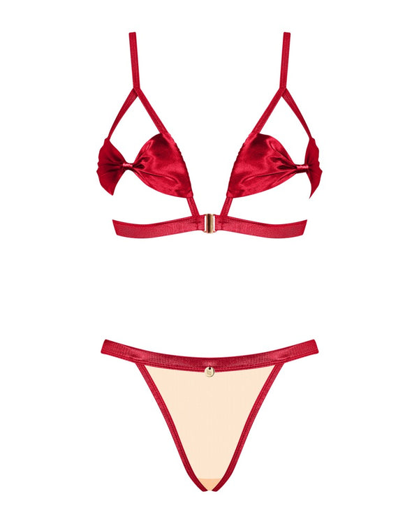 Rotes Set Rubinesa aus Satin mit Goldschimmer, offenen Cups und Satinschleife von Obsessive – Ansicht 3
