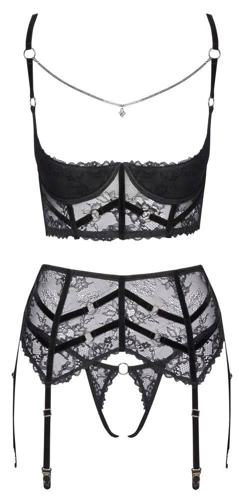 Schwarzes Longline-Hebe-Set mit Strapsgürtel, String ouvert, Samt und Ringen von Cottelli – Ansicht 7