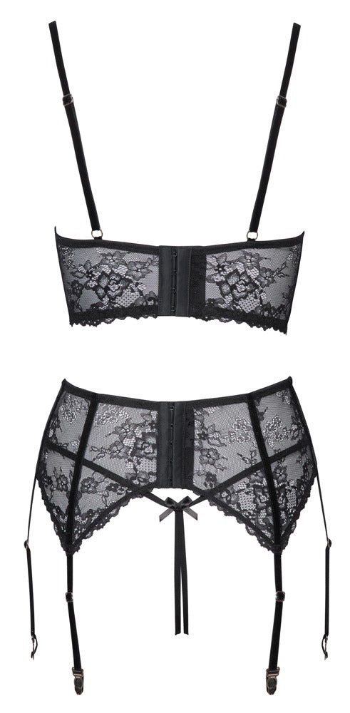 Schwarzes Longline-Hebe-Set mit Strapsgürtel, String ouvert, Samt und Ringen von Cottelli – Ansicht 8