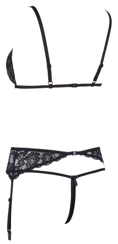 Schwarzes 3-teiliges Strapsset aus Blütenspitze mit Riemchen-BH von Cottelli – Ansicht 6