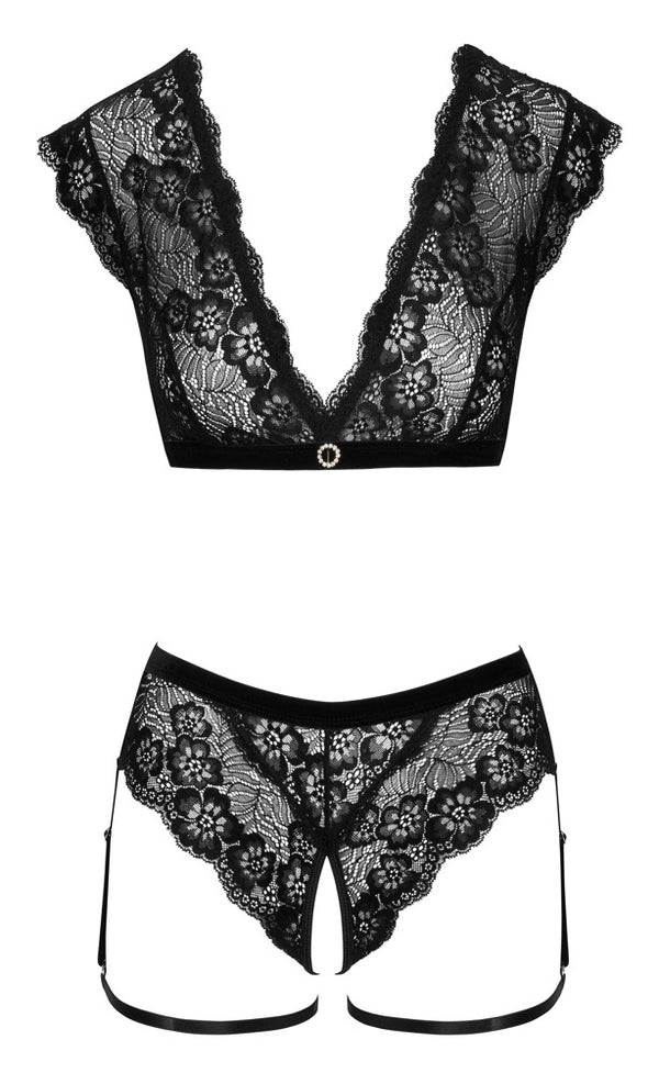 Schwarzes Spitzen-Set mit Top und Slip ouvert aus Blütenspitze mit Strassring von Cottelli – Ansicht 5