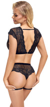 Schwarzes Spitzen-Set mit Top und Slip ouvert aus Blütenspitze mit Strassring von Cottelli – Ansicht 4