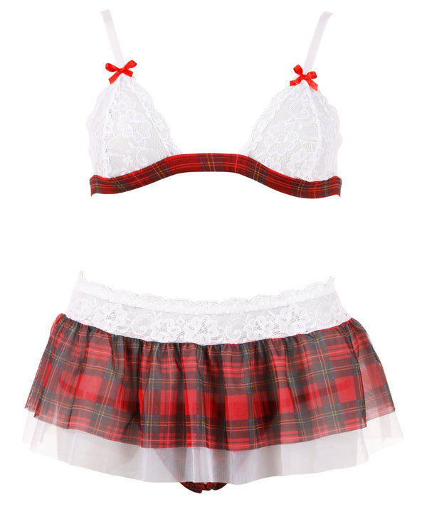 Rotes Set in Karo-Optik mit weißer Spitze und Tüll von Cottelli – Ansicht 5