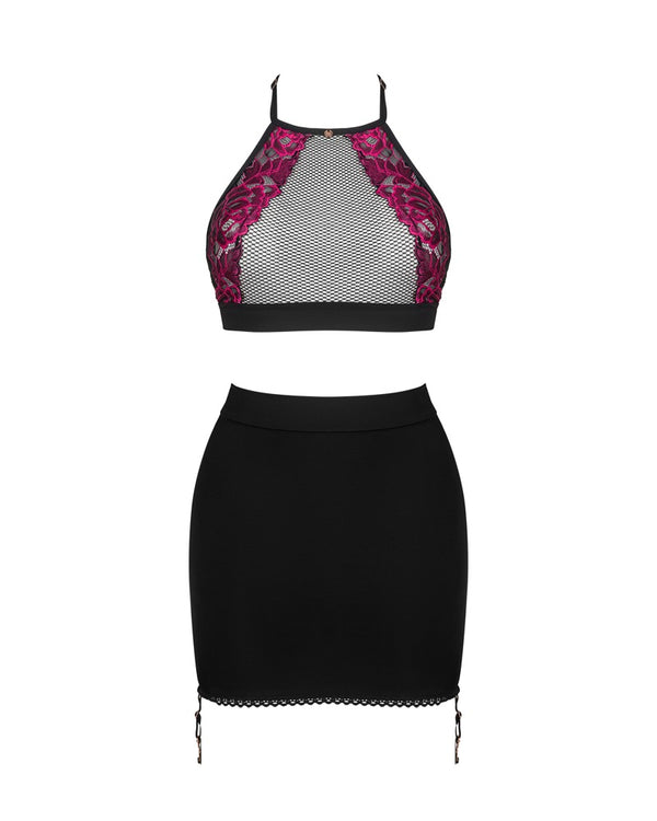 Schwarzes Set Rosenty mit Top und Straps-Rock aus Netz und Rosenspitze von Obsessive – Ansicht 3