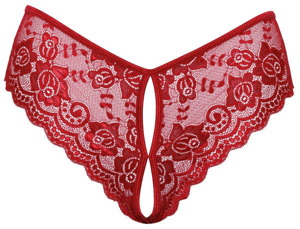 Roter Slip ouvert aus Blütenspitze mit Cut-out und Satinband-Schnürung von Cottelli – Ansicht 5