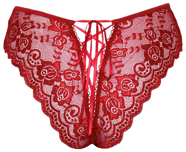 Roter Slip ouvert aus Blütenspitze mit Cut-out und Satinband-Schnürung von Cottelli – Ansicht 6