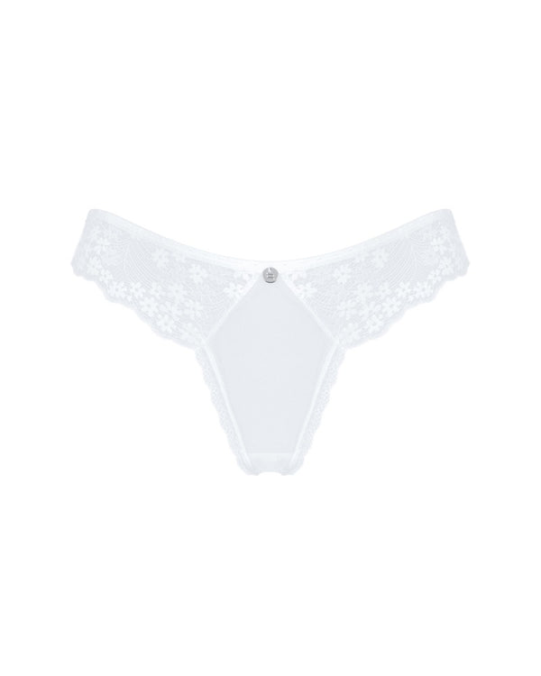 Weißer String Heavenlly aus Stretchtüll mit Blütenspitze im Brazilian-Schnitt von Obsessive – Ansicht 3