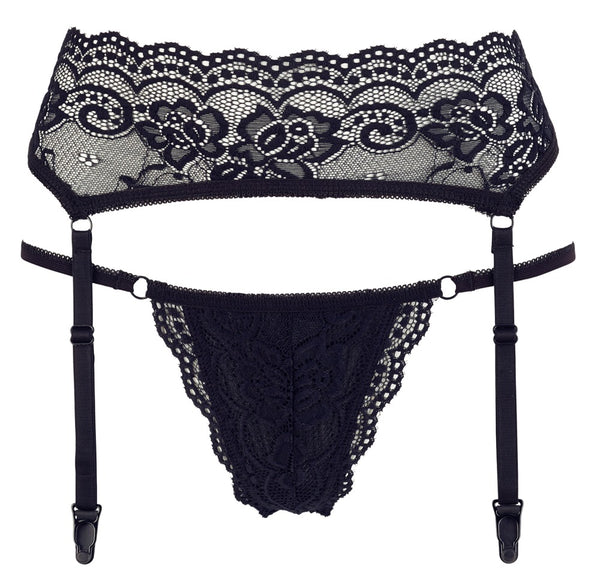 Schwarzes Lingerie-Set aus elastischer Spitze mit String und Strapsgurt von Cottelli – Ansicht 4