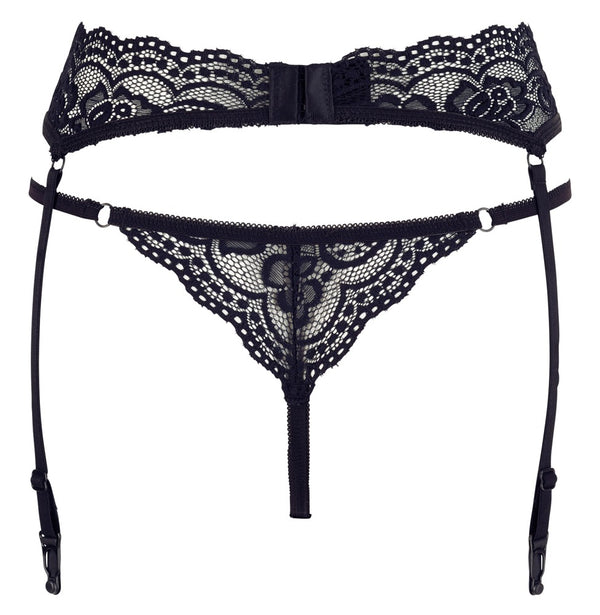 Schwarzes Lingerie-Set aus elastischer Spitze mit String und Strapsgurt von Cottelli – Ansicht 5