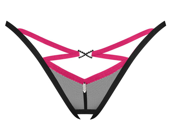 Schwarz-transparenter Riostring ouvert Novenes mit pinken Riemchen von Obsessive – Ansicht 4
