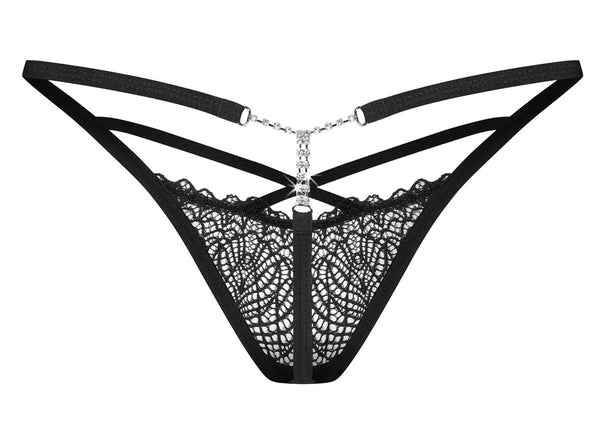 Schwarzer eleganter String Iliosa aus effektvoller Spitze mit Riemchenoptik von Obsessive – Ansicht 6