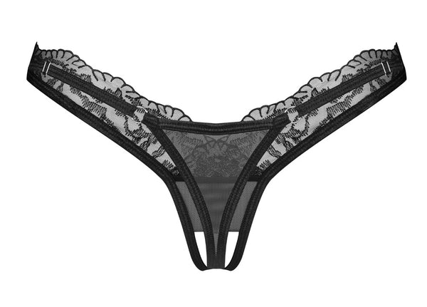 Schwarzer String ouvert Arrowel in Tüll-Transparenz mit Spitze von Obsessive – Ansicht 6