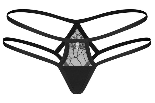 Schwarzer String Arrowel mit feiner Spitze und Doppelriemen-Bund von Obsessive – Ansicht 3