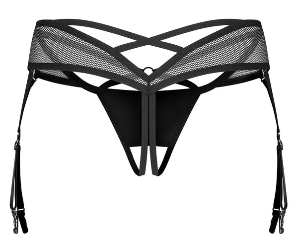 Schwarzer Straps-String ouvert Dominna im Netz-Wetlook-Mix von Obsessive – Ansicht 6