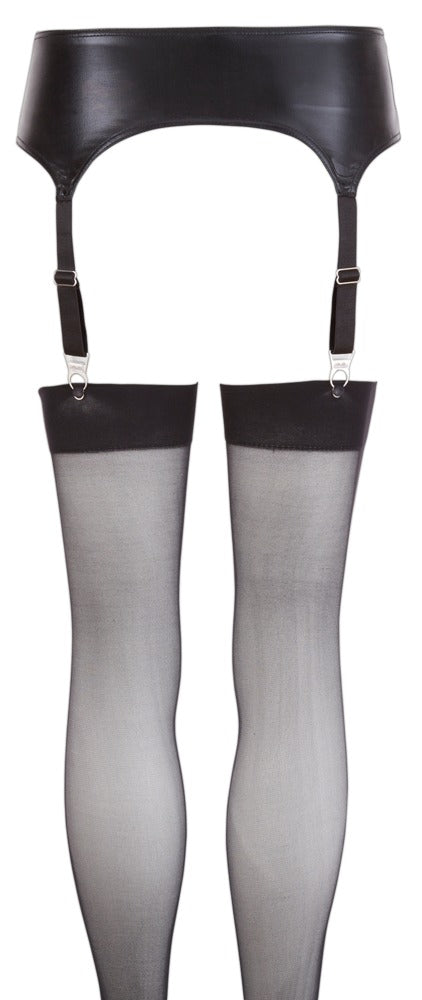 Schwarzes Wetlook-Strapsgurt-Set mit Metall-Strapsen und Strümpfen von NO:XQSE – Ansicht 5