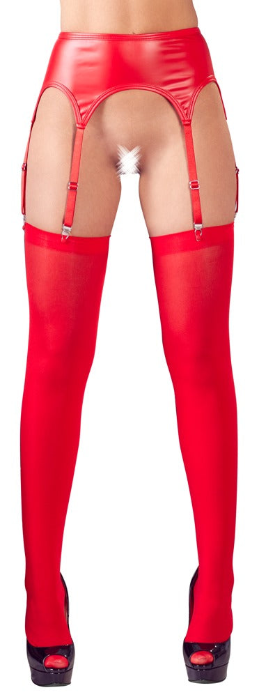 Roter Strapsgurt im Mattlook mit Metallteilen und passenden Strümpfen von NO:XQSE – Ansicht 2