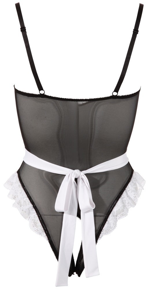Schwarzes Kellnerinnen-Kostüm aus Powernet-Body mit Schürze und Halsband von Cottelli – Ansicht 5