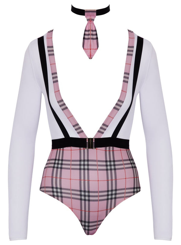 Sexy Schuluniform-Kostüm als Langarm-Body mit Karo und Krawatten-Halsband von Cottelli – Ansicht 8