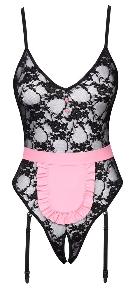 Sexy Dienstmädchen-Kostüm als Straps-Riobody ouvert aus Spitze mit Schürze von Cottelli – Ansicht 6