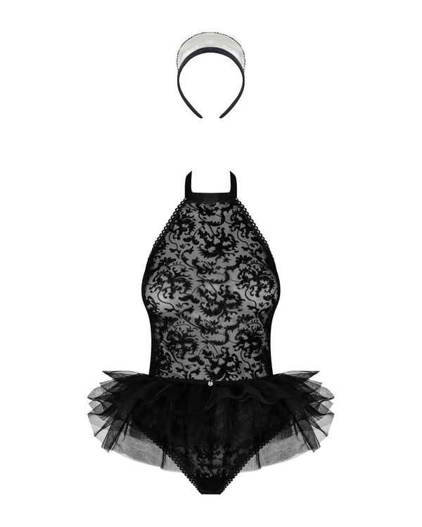Schwarz-weißes Zofen-Kostüm Frilles mit Body, Tüll-Röckchen und Häubchen von Obsessive – Ansicht 3