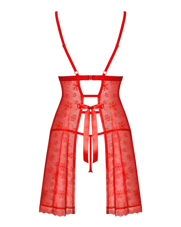 Rotes Dessous-Set Claussica mit Negligé und String im Schneeflocken-Design von Obsessive – Ansicht 6