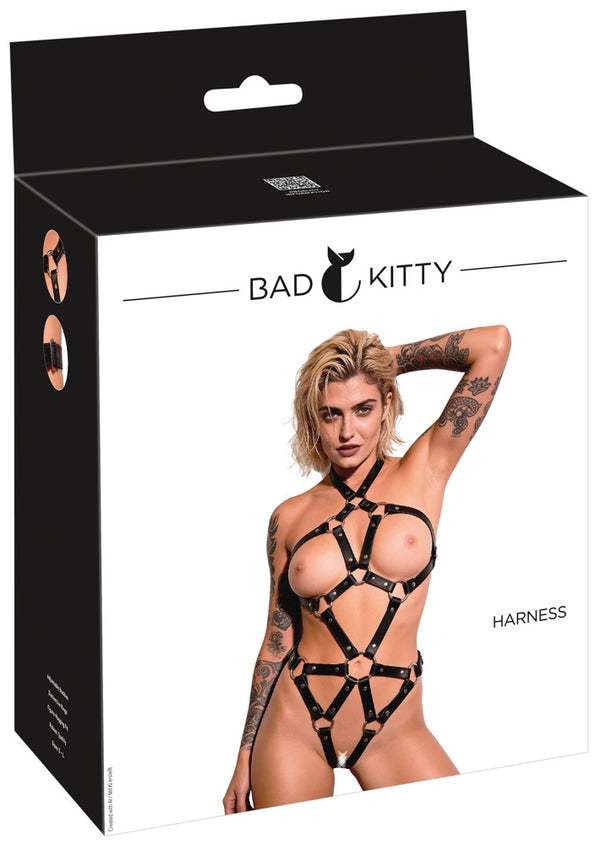 Schwarzes verführerisches Harness im Lederlook mit silbernen Nieten von Bad Kitty