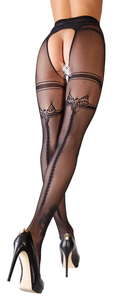 Schwarze Netz-Straps-Strumpfhose ouvert mit Strumpfband und Ziernaht von Cottelli – Ansicht 3
