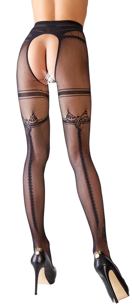 Schwarze Netz-Straps-Strumpfhose ouvert mit Strumpfband und Ziernaht von Cottelli – Ansicht 4