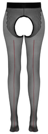 Schwarze seidige Straps-Strumpfhose mit roter Ziernaht und offenem Schritt von Cottelli – Ansicht 8
