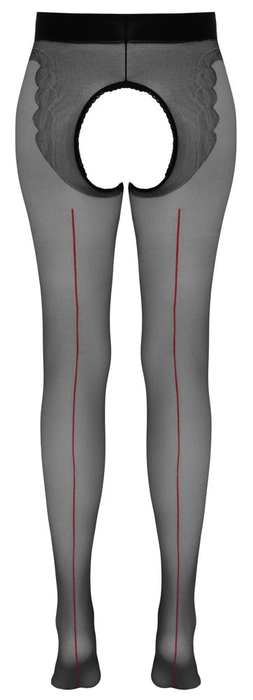 Schwarze seidige Straps-Strumpfhose mit roter Ziernaht und offenem Schritt von Cottelli – Ansicht 8