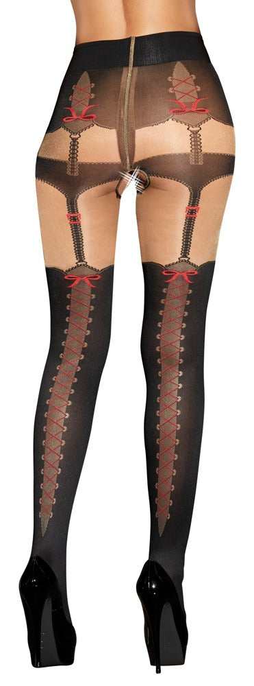 Schwarze Straps-Strumpfhose im Trachten-Look mit Höschen, Strapsen und Overknees von Cottelli – Ansicht 3