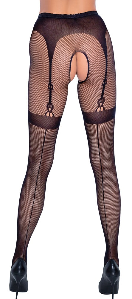 Schwarze Netz-Strumpfhose ouvert mit eingewebtem Strapsgurt und Naht von Cottelli – Ansicht 3