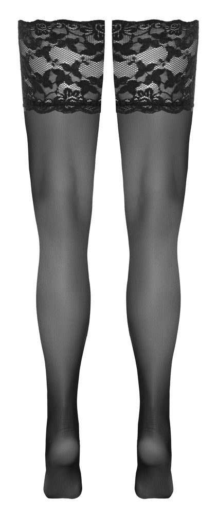 Schwarze halterlose Strümpfe mit extra breitem 14 cm Spitzen-Abschluss von Cottelli – Ansicht 8