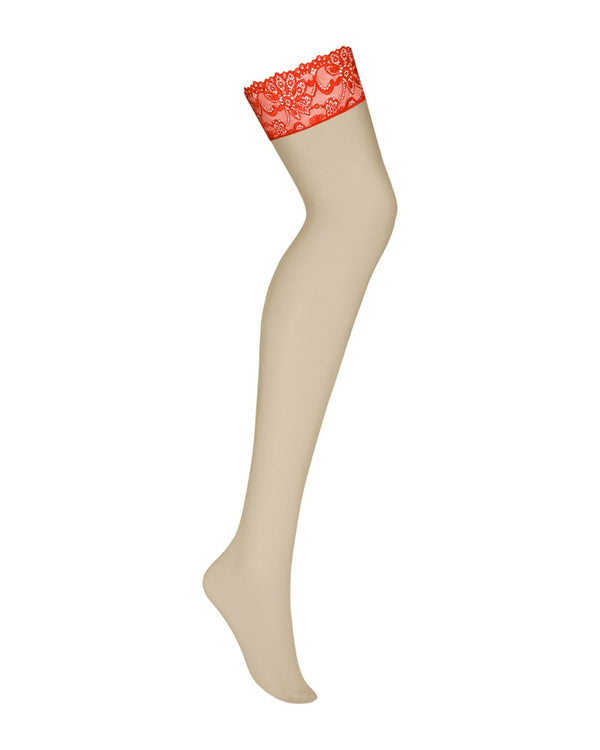 Nudefarbene Straps-Strümpfe mit roten Spitzen-Abschlüssen von Obsessive – Ansicht 5